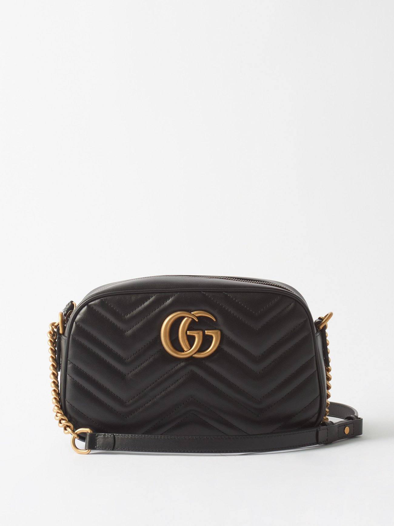 GUCCI GG Marmont Black Lamb Quilted Leather Gold Chain Cross-Body Camera Bag