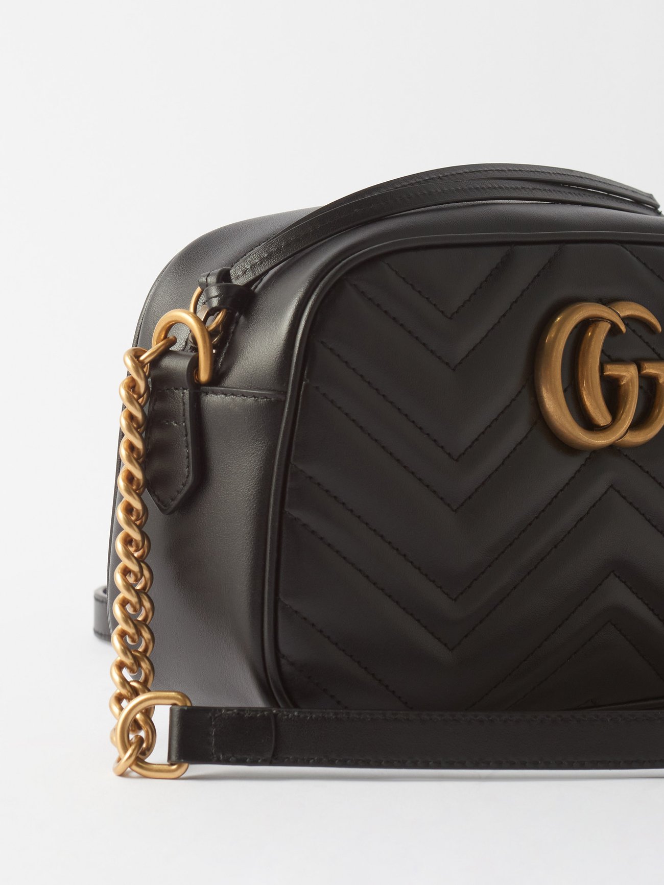 GUCCI GG Marmont Black Lamb Quilted Leather Gold Chain Cross-Body Camera Bag