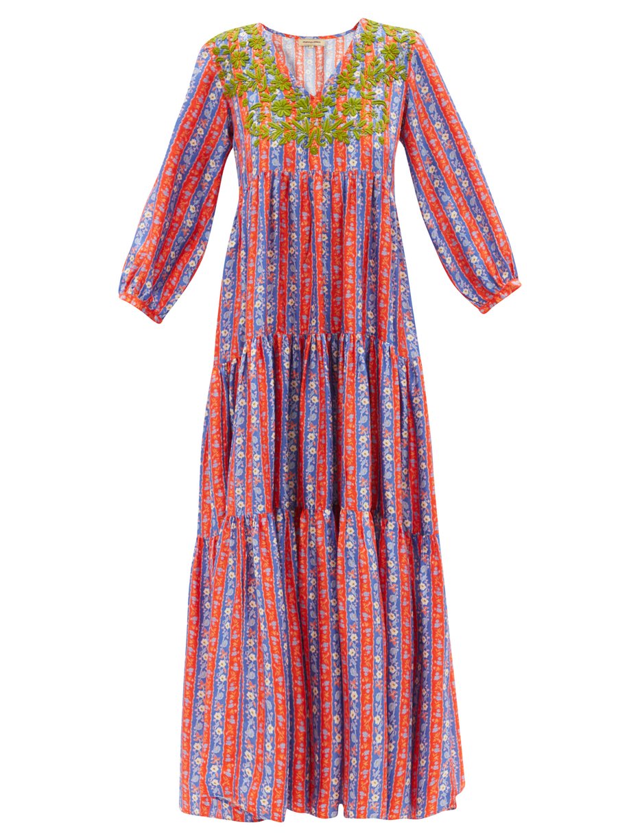 Print Frangipani hand-embroidered silk maxi dress | Muzungu Sisters ...