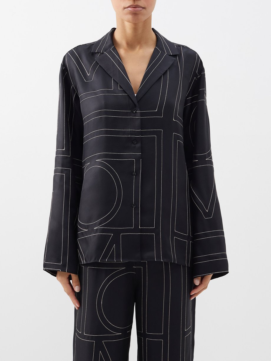 Toteme Monogram-embroidered silk-twill pyjama top