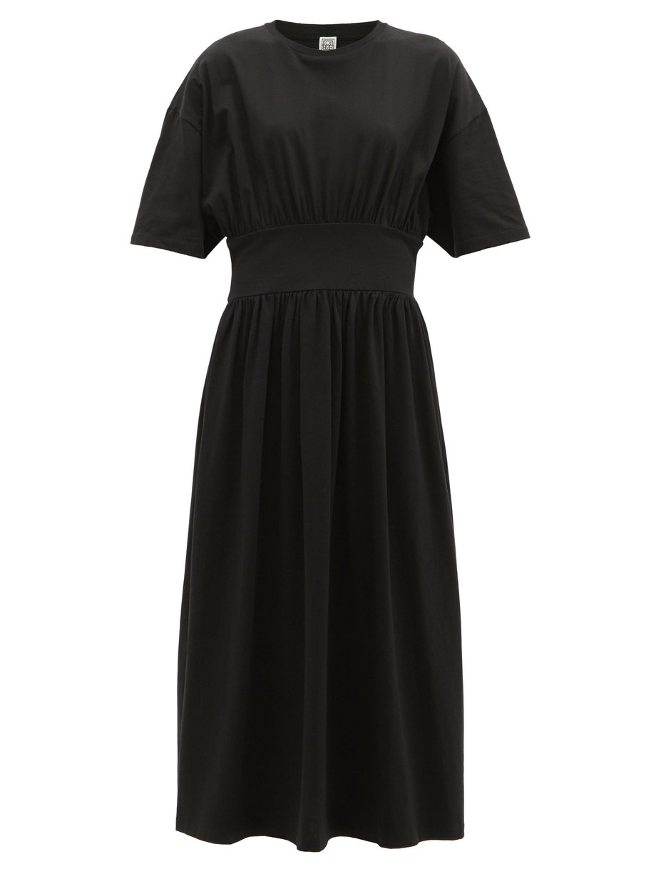 Black Gathered-waist organic-cotton jersey midi dress | Toteme ...