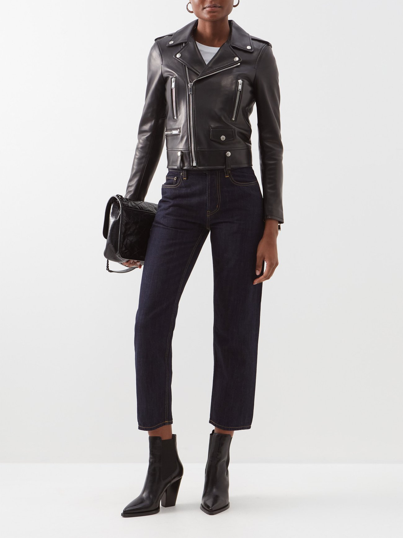 Cropped Leather Biker Jacket in Black - Saint Laurent