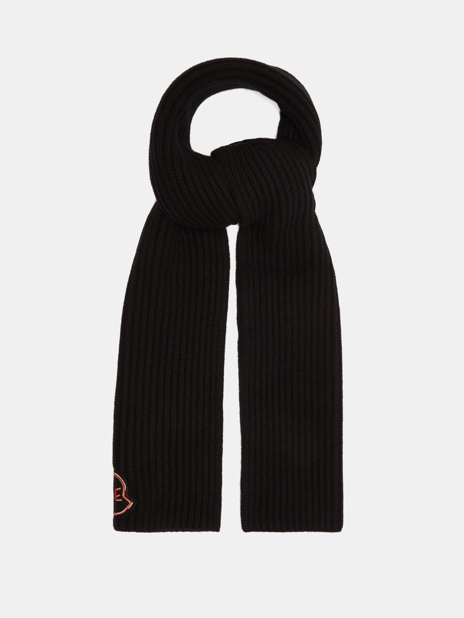 Moncler Moncler Logo-embroidered ribbed wool-blend scarf Black ...