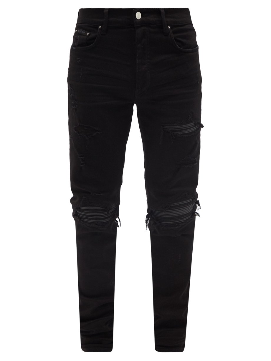 Black MX1 distressed leather-panelled slim-leg jeans