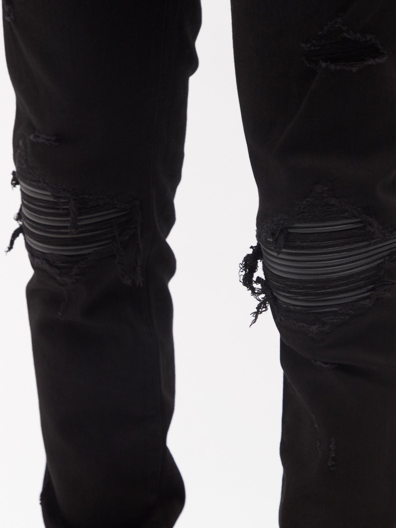 Black MX1 distressed leather-panelled slim-leg jeans, Amiri
