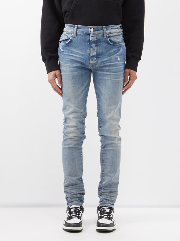 Mens Stacked Jeans Ripped Slim Fit Jeans Destroyed Straight Skinny