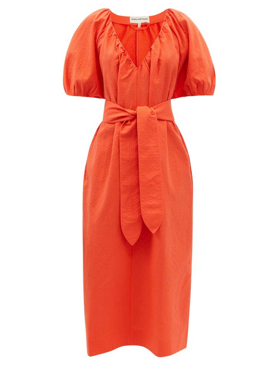 Orange Alora V Neck Belted Organic Cotton Midi Dress Mara Hoffman Matchesfashion Uk