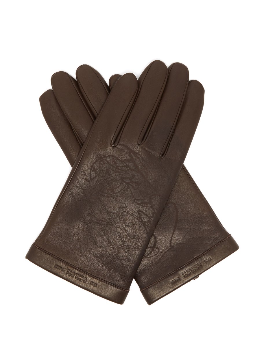 Brown Scritto-debossed leather gloves, Berluti