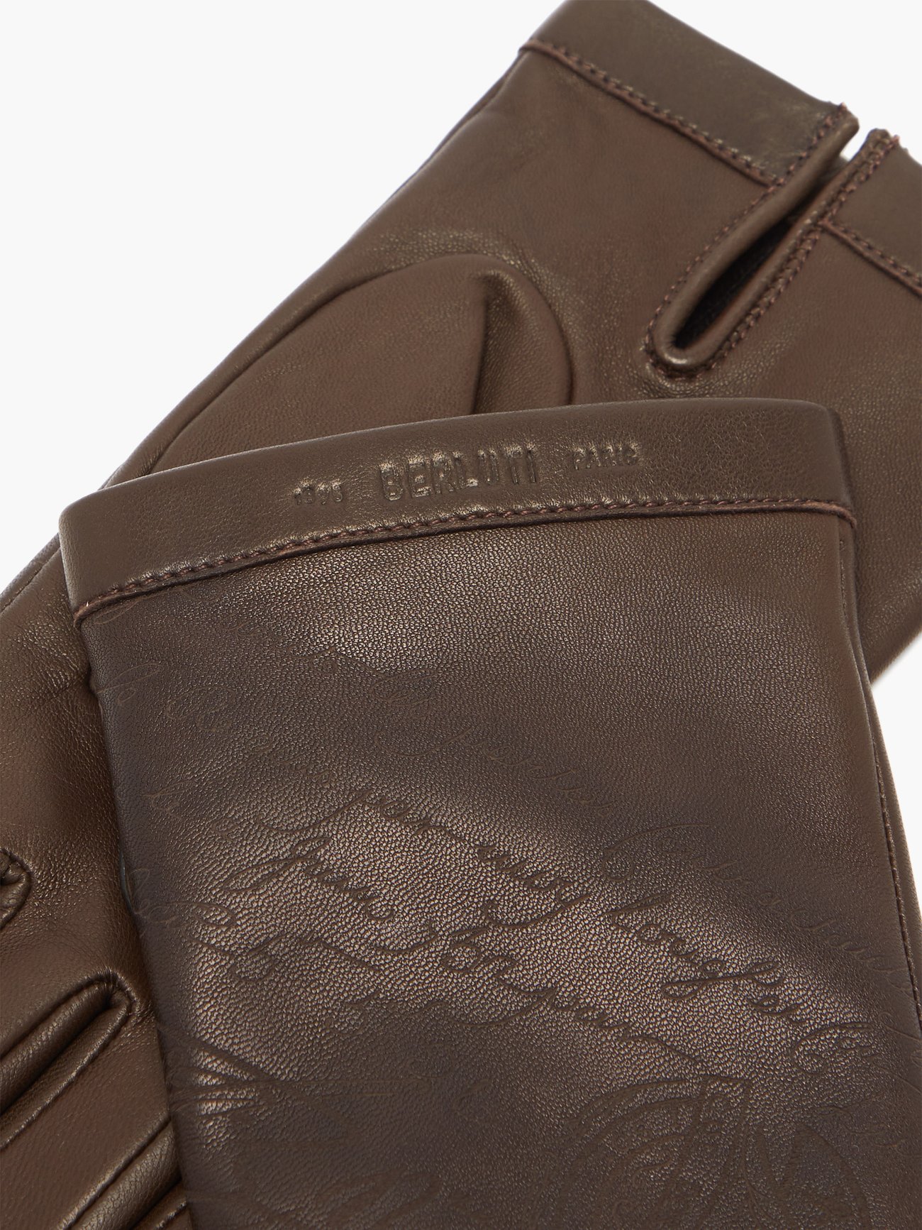 Brown Scritto-debossed leather gloves, Berluti