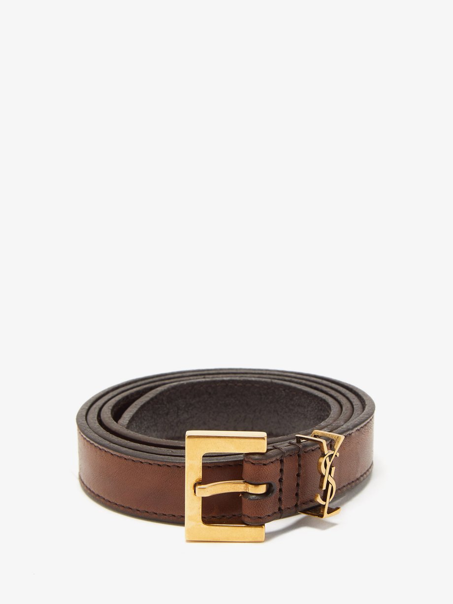 Brown Logo-plaque leather belt | Saint Laurent | MATCHES UK