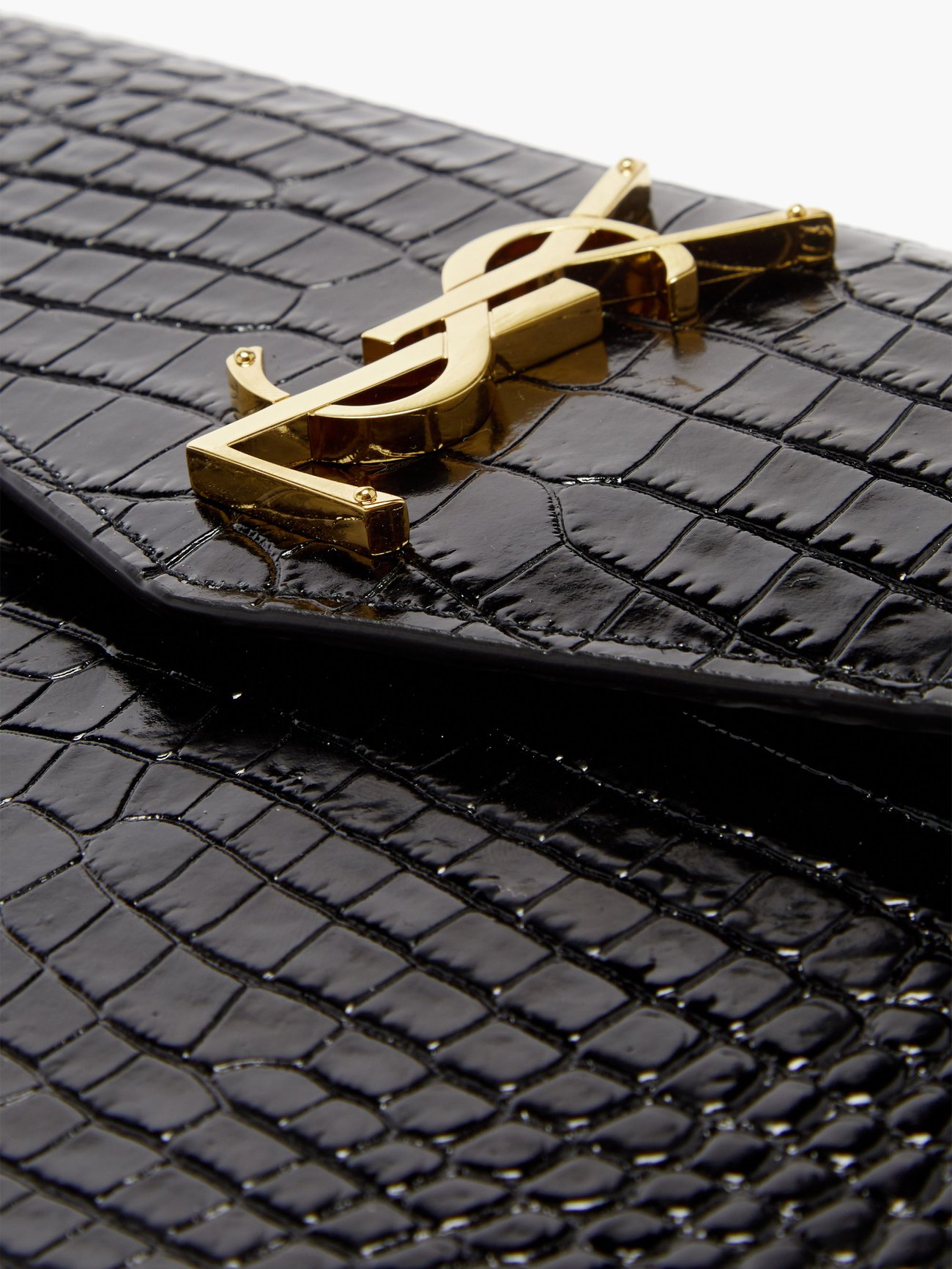 Saint Laurent Uptown Leather Clutch - Black Croc/Gold