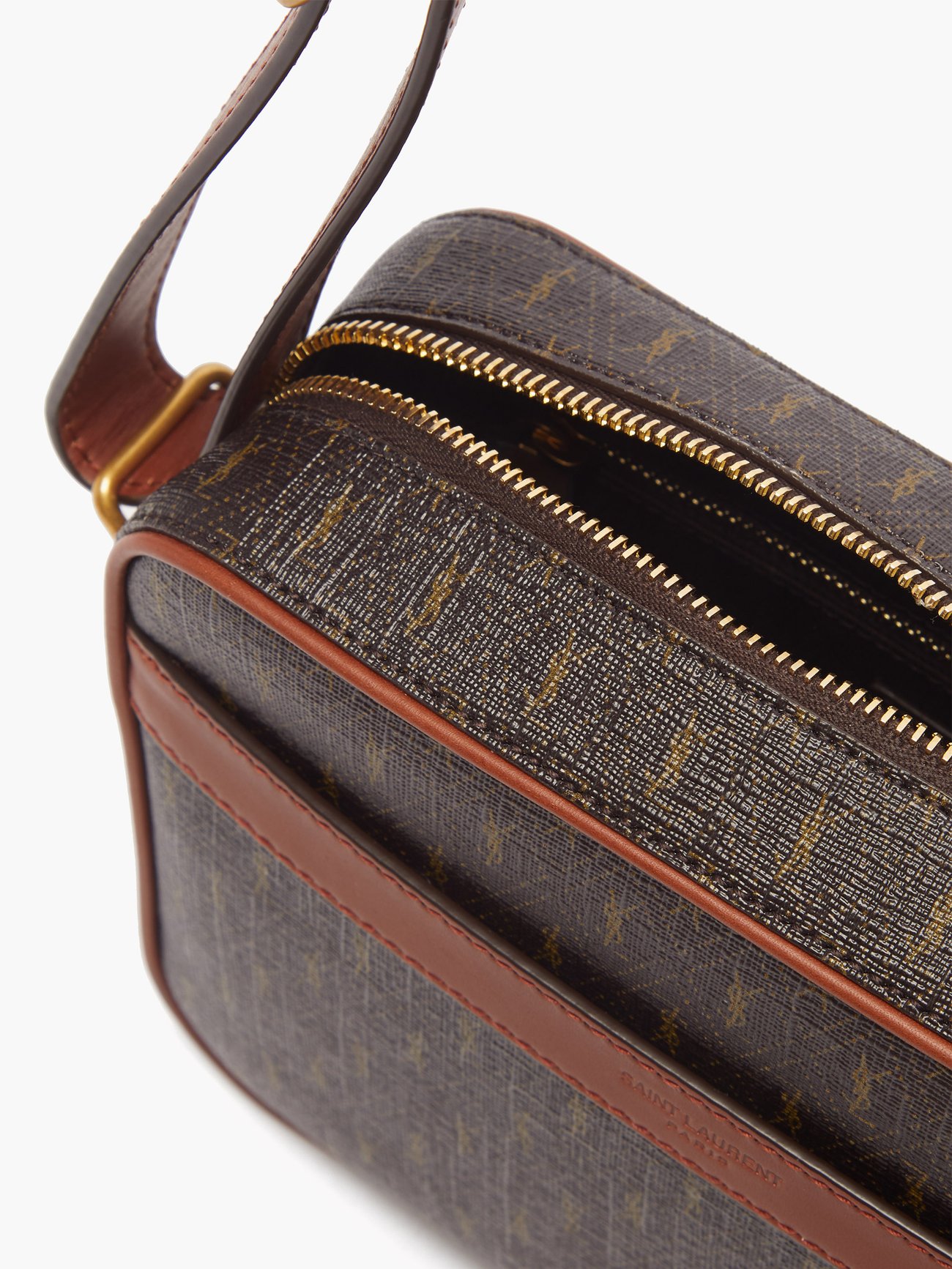 SAINT LAURENT, Leather-Trimmed Monogrammed Coated-Canvas Messenger Bag, Men, Brown