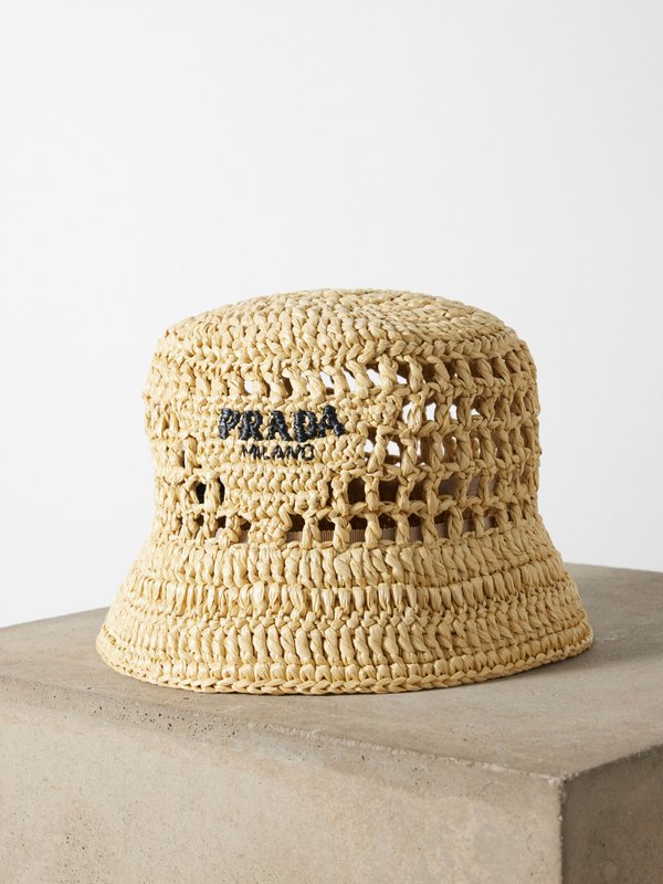 Prada Logo-embroidered faux-raffia bucket hat