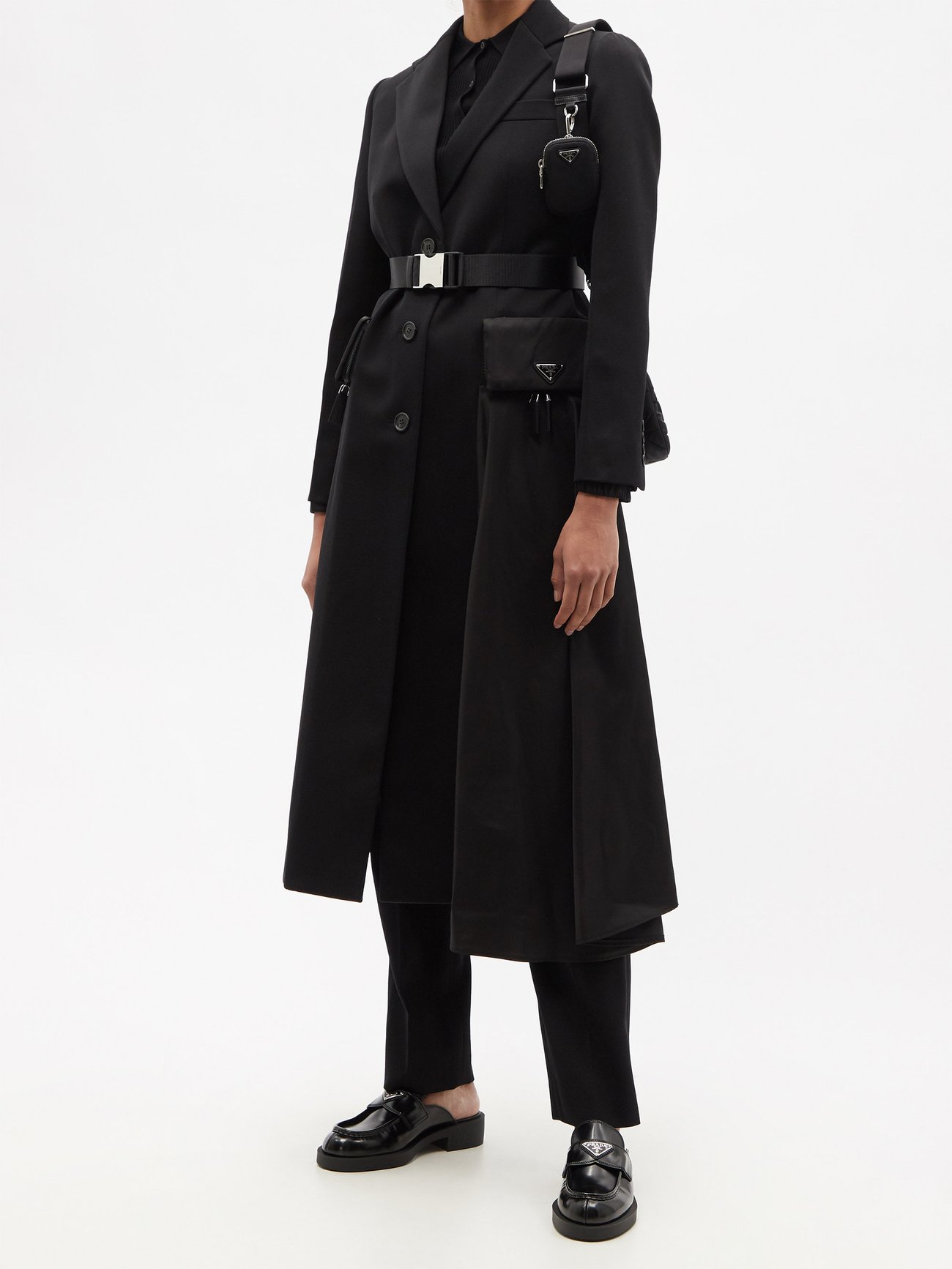 Black Belted wool and Re-Nylon single-breasted coat | Prada |  MATCHESFASHION US