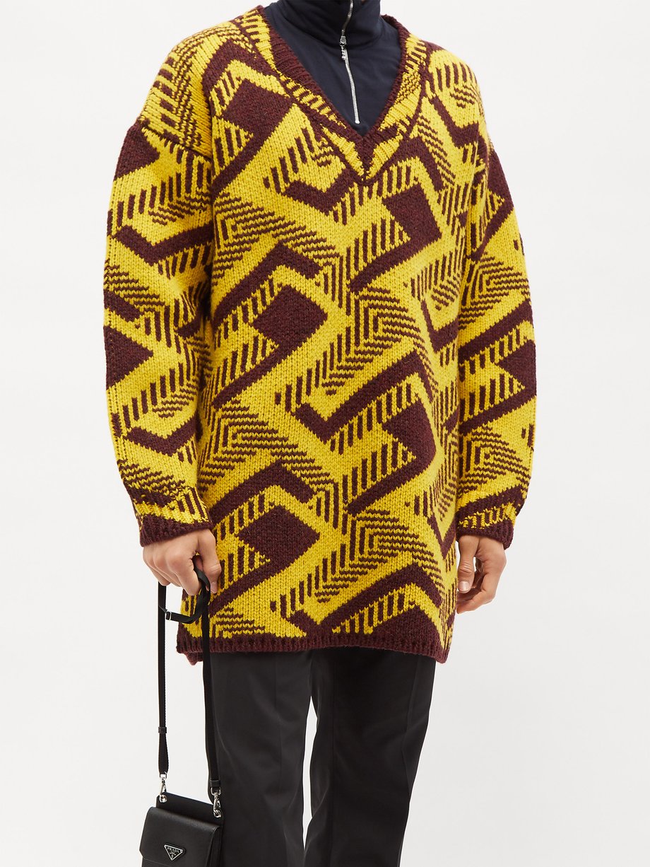 Yellow Oversized geometric-jacquard virgin wool sweater | Prada 