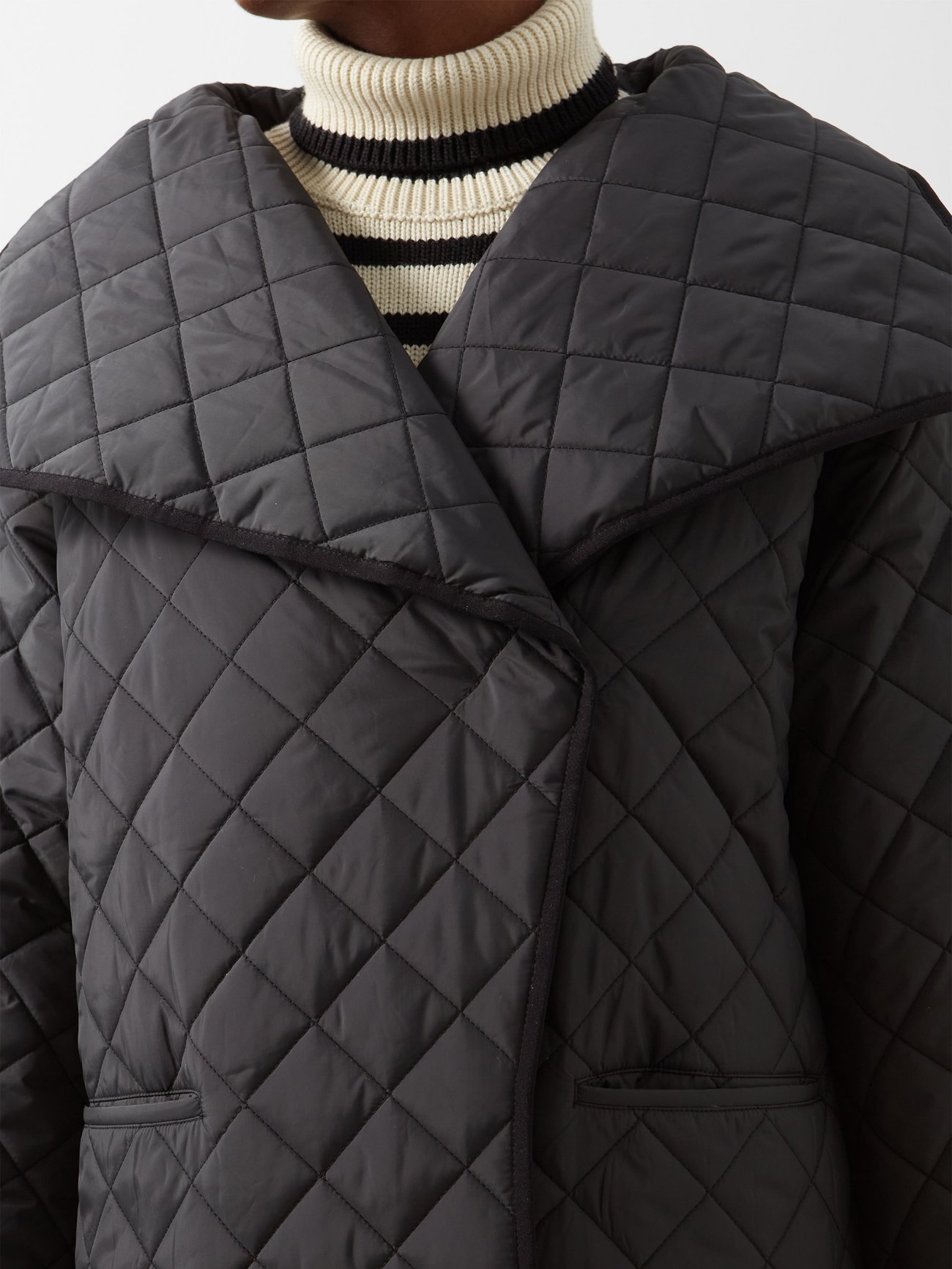 Black Quilted recycled-shell wrap coat, Toteme