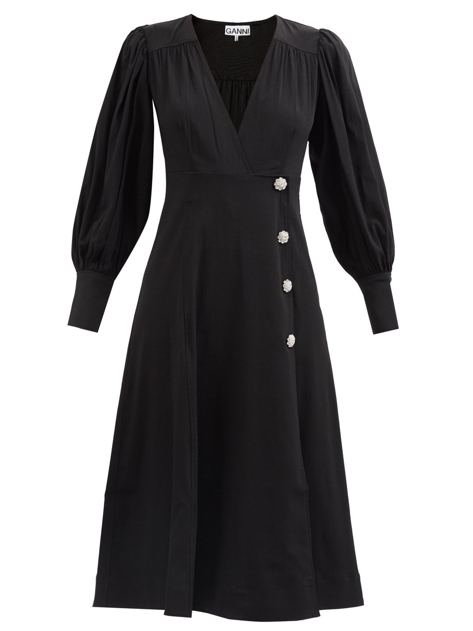 Black Crystal-button puff-sleeve crepe dress | Ganni | MATCHESFASHION UK