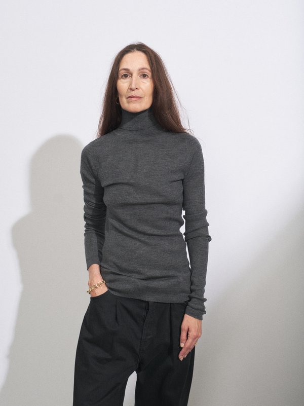 Grey Roll Neck Merino Wool Sweater