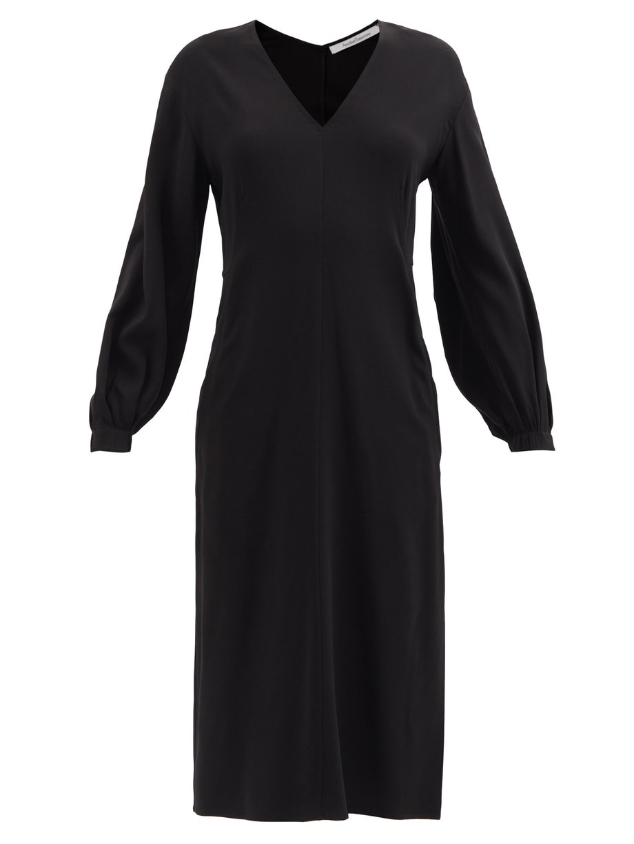 Black V-neck crepe midi dress | Another Tomorrow | MATCHESFASHION UK