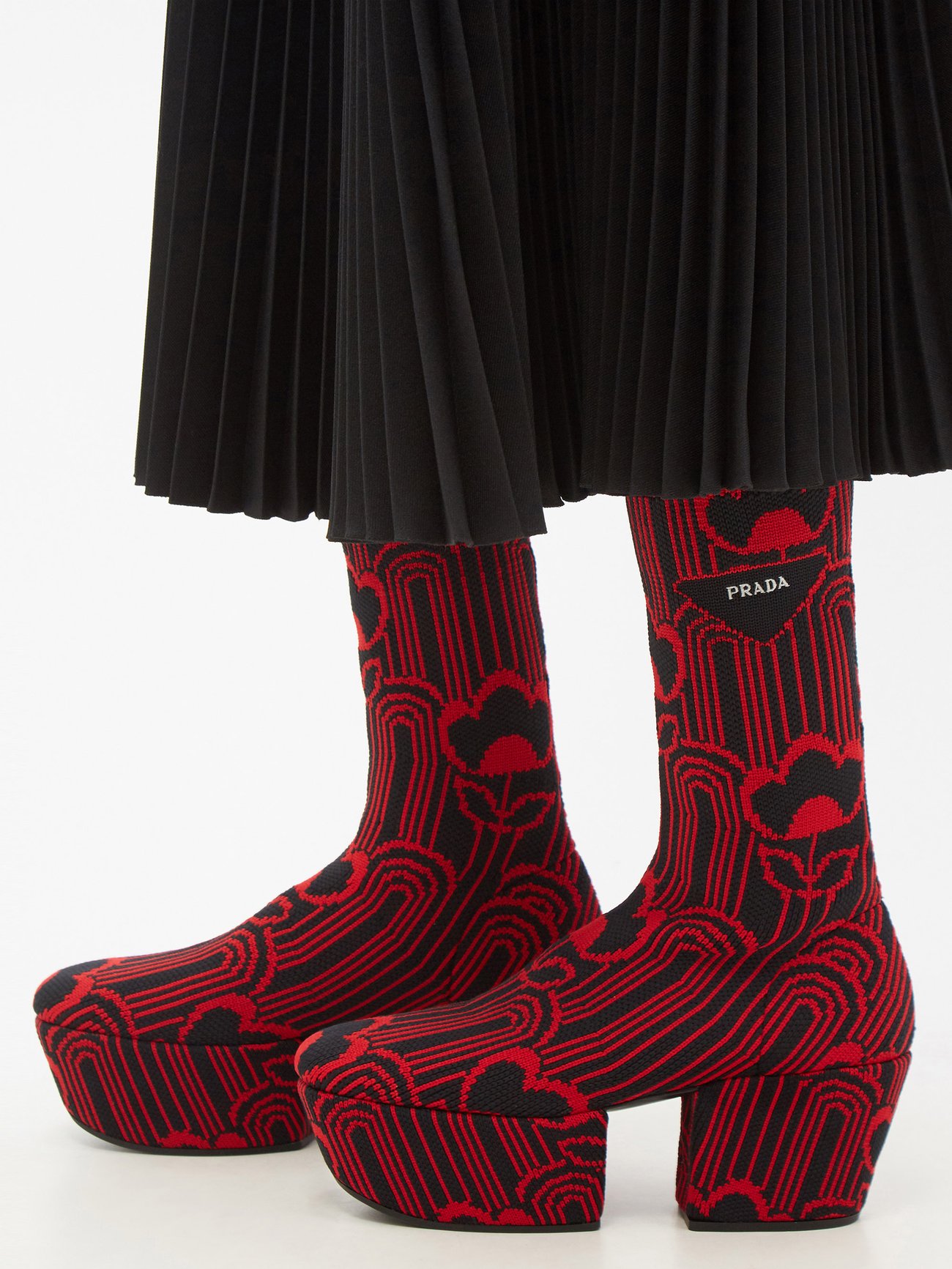 Jaquard Embroidered Boots by Prada in Red color for Luxury Clothing