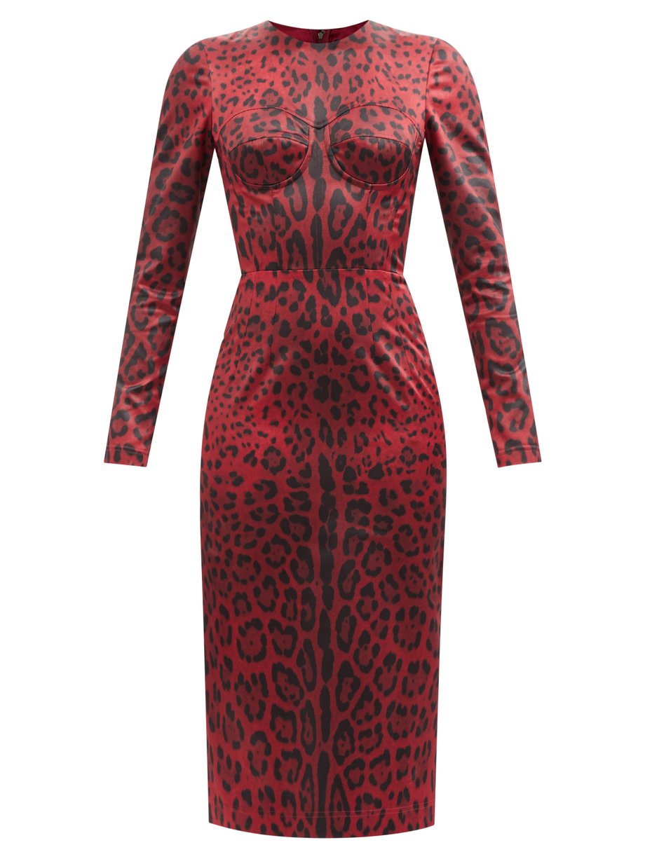 Red Leopard-print satin midi dress