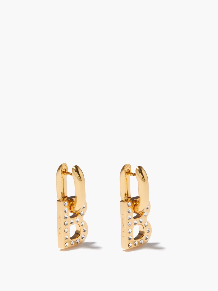 Gold B-logo crystal-embellished drop earrings | Balenciaga ...