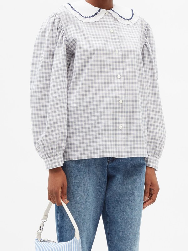 Miu Miu Lace-trimmed collar checked cotton-poplin shirt