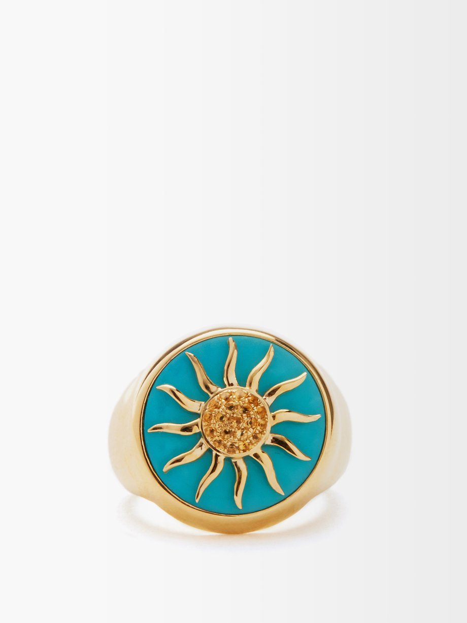 Yvonne Léon Sun turquoise, citrine & 9kt gold signet ring