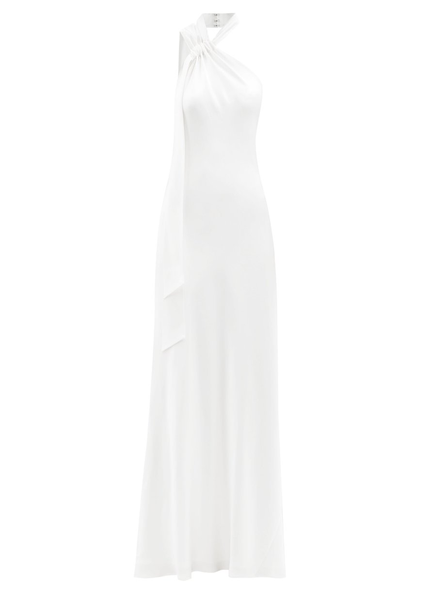 White Ushuaia sashed-halterneck silk-satin gown | Galvan ...