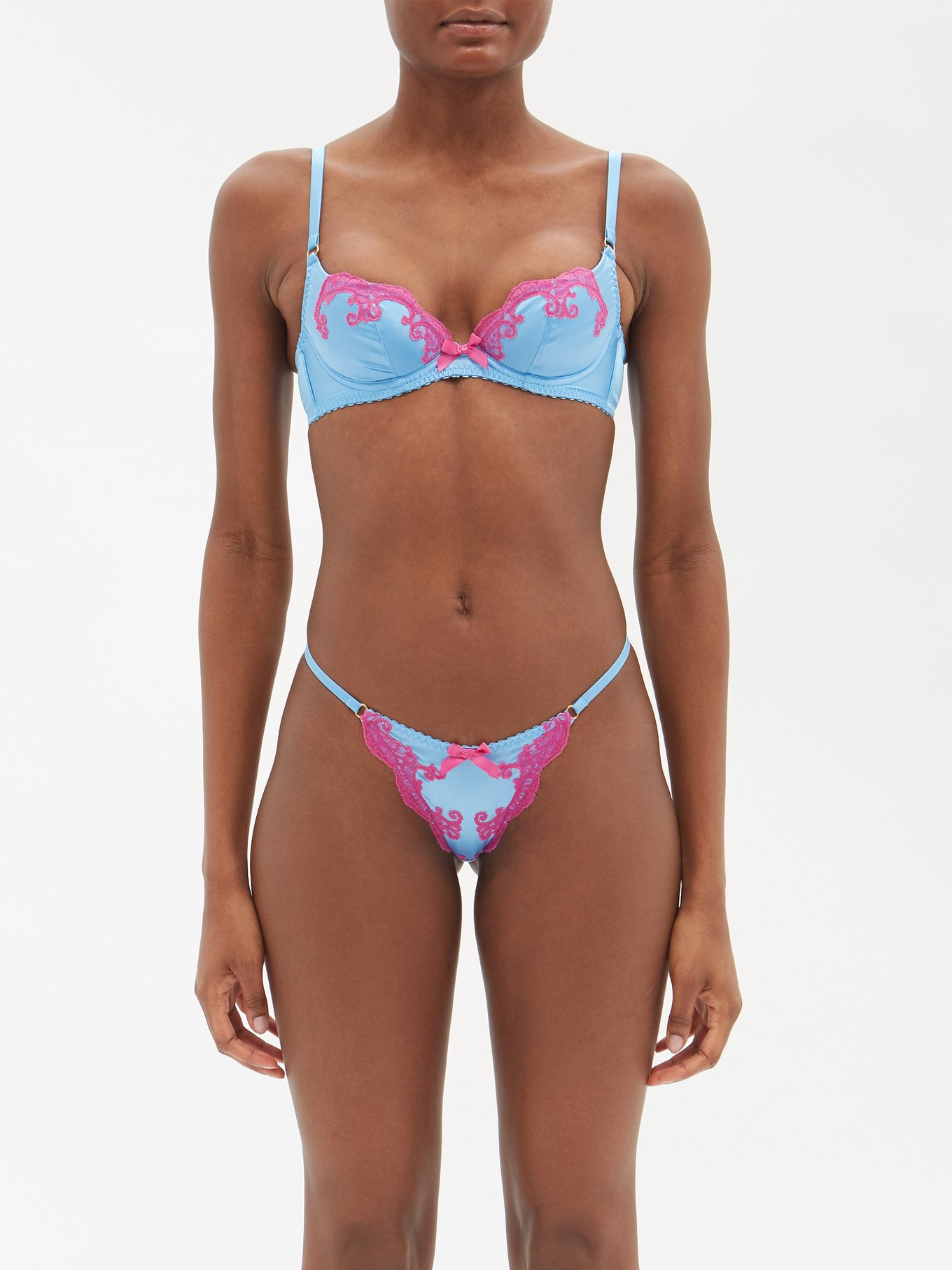 Blue Molly lace-trimmed silk-blend satin thong | Agent Provocateur