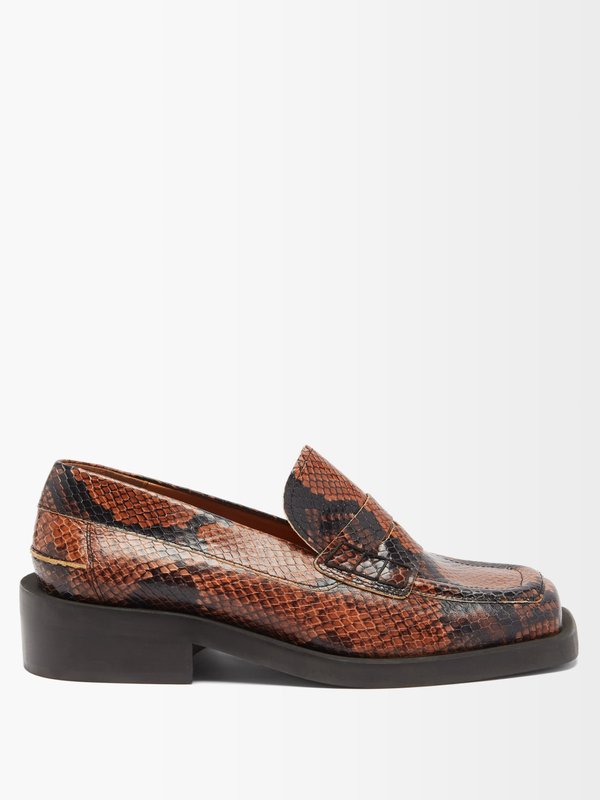 GANNI (Ganni) Square-toe snake-effect leather penny loafers