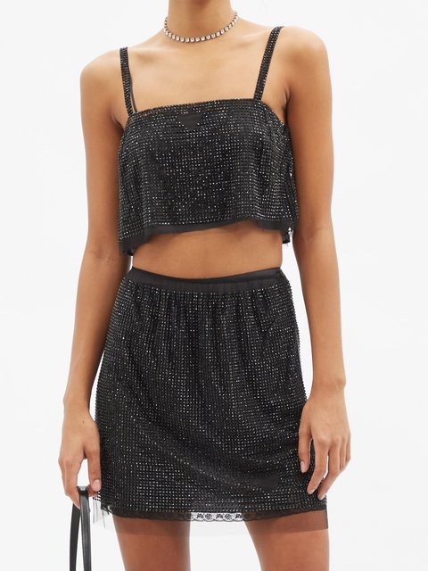 Black Crystal-embellished tulle crop top, Prada