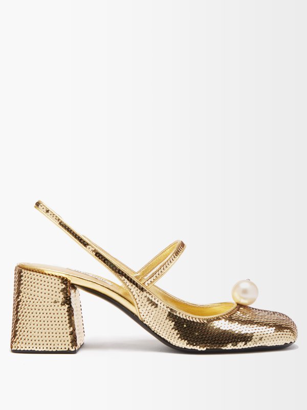 Miu Miu Faux pearl-embellished sequinned leather pumps