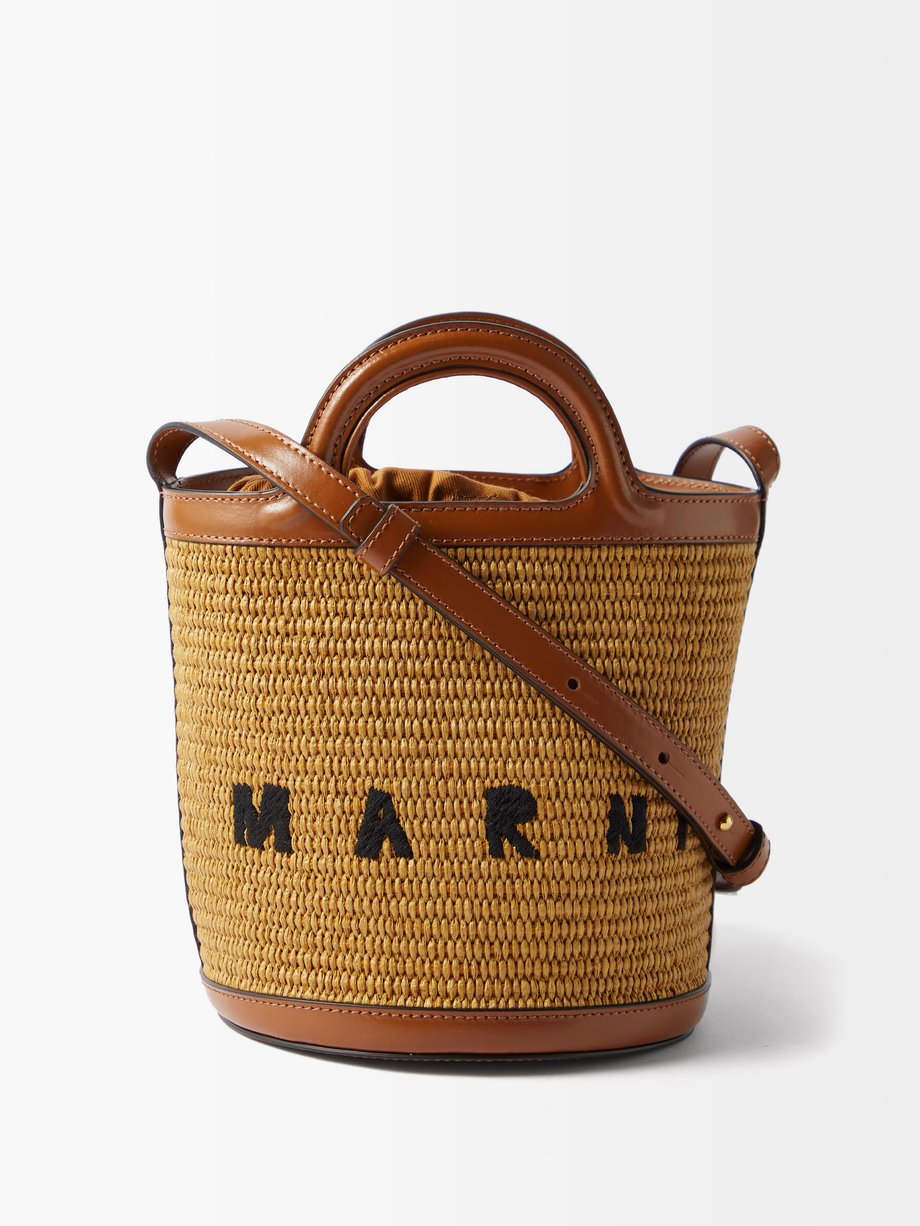 Tan Tropicalia leather-trimmed faux-raffia bucket bag | Marni ...