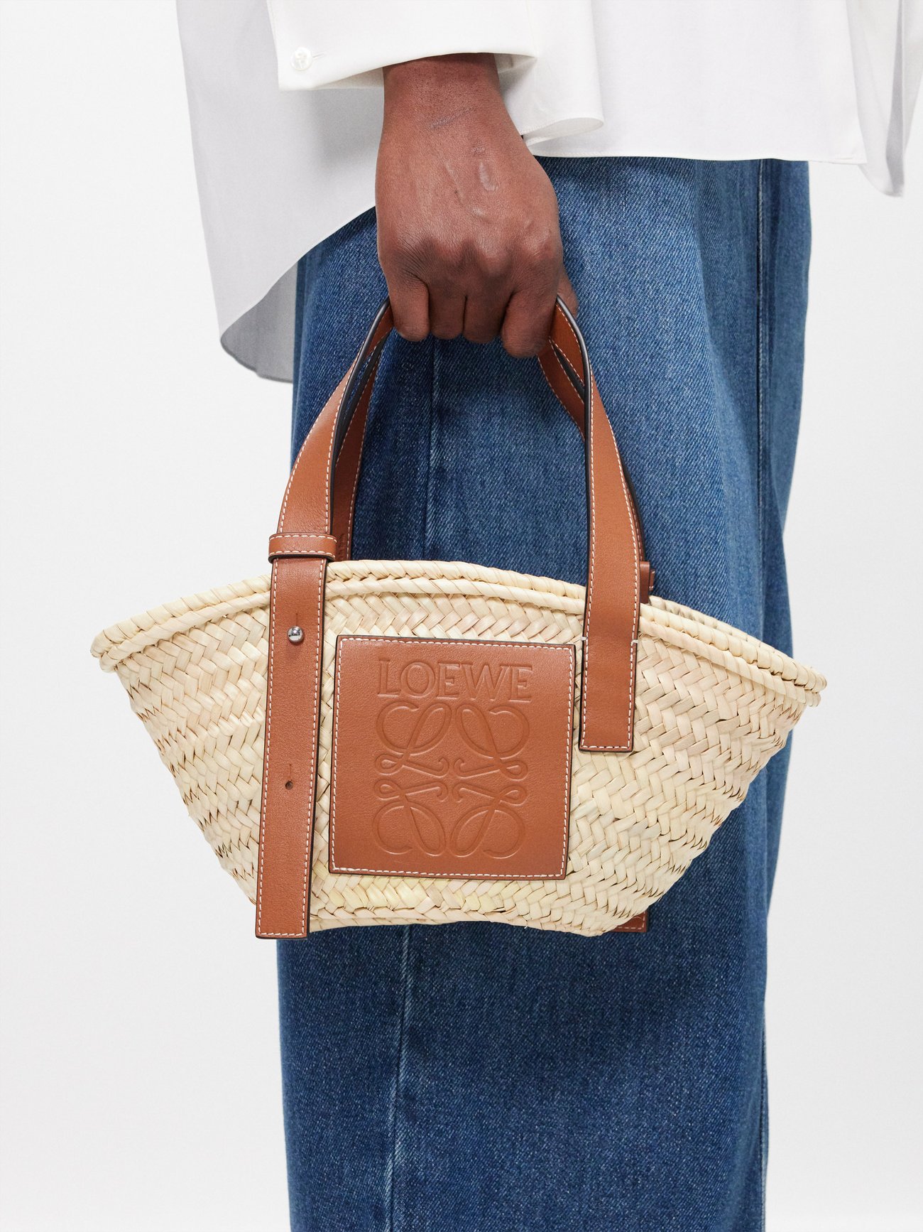 Loewe Beige/Brown Woven Raffia and Leather Small Anagram Basket