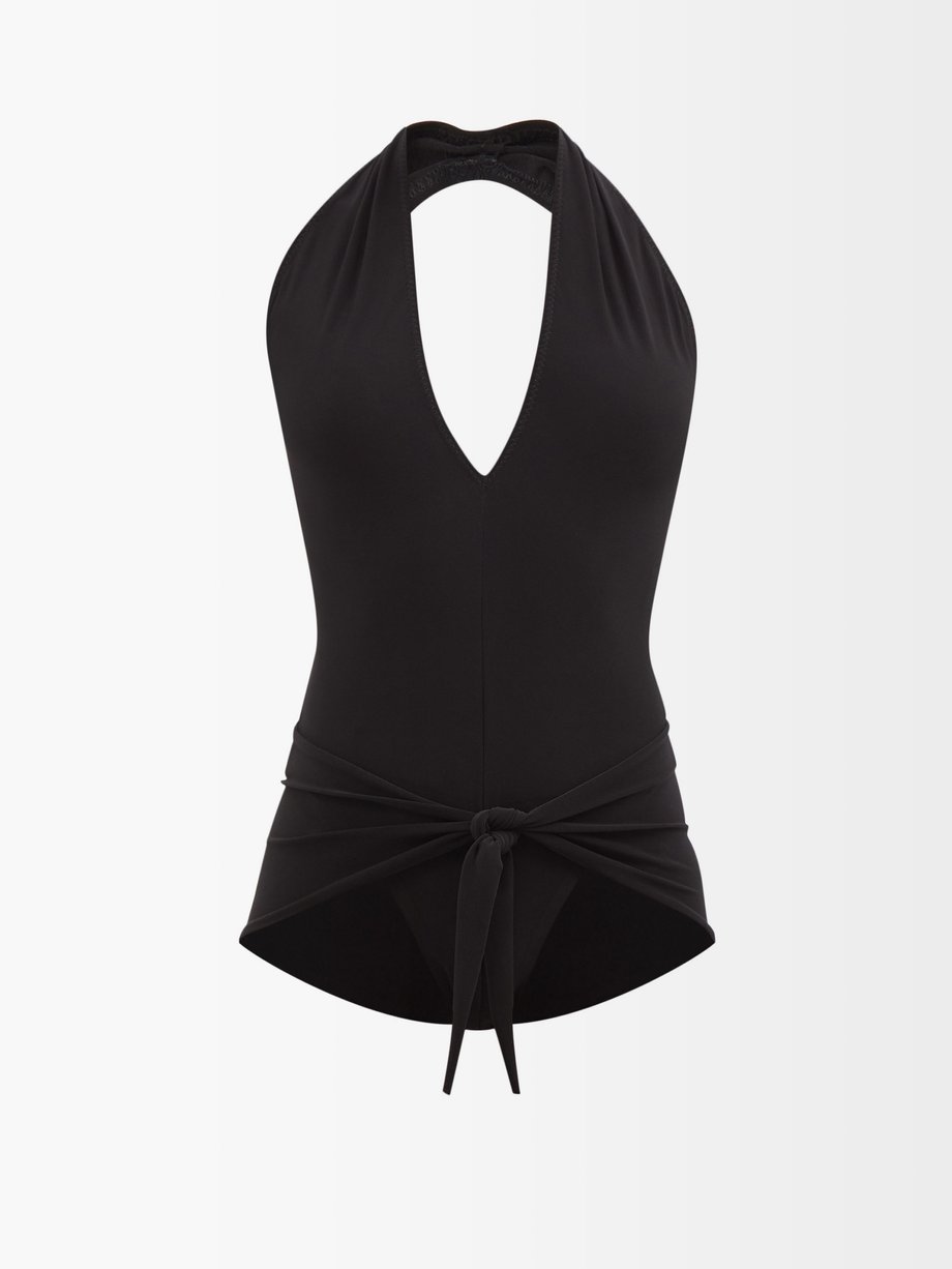 Black Halterneck wrap-front swimsuit | Norma Kamali | MATCHESFASHION US