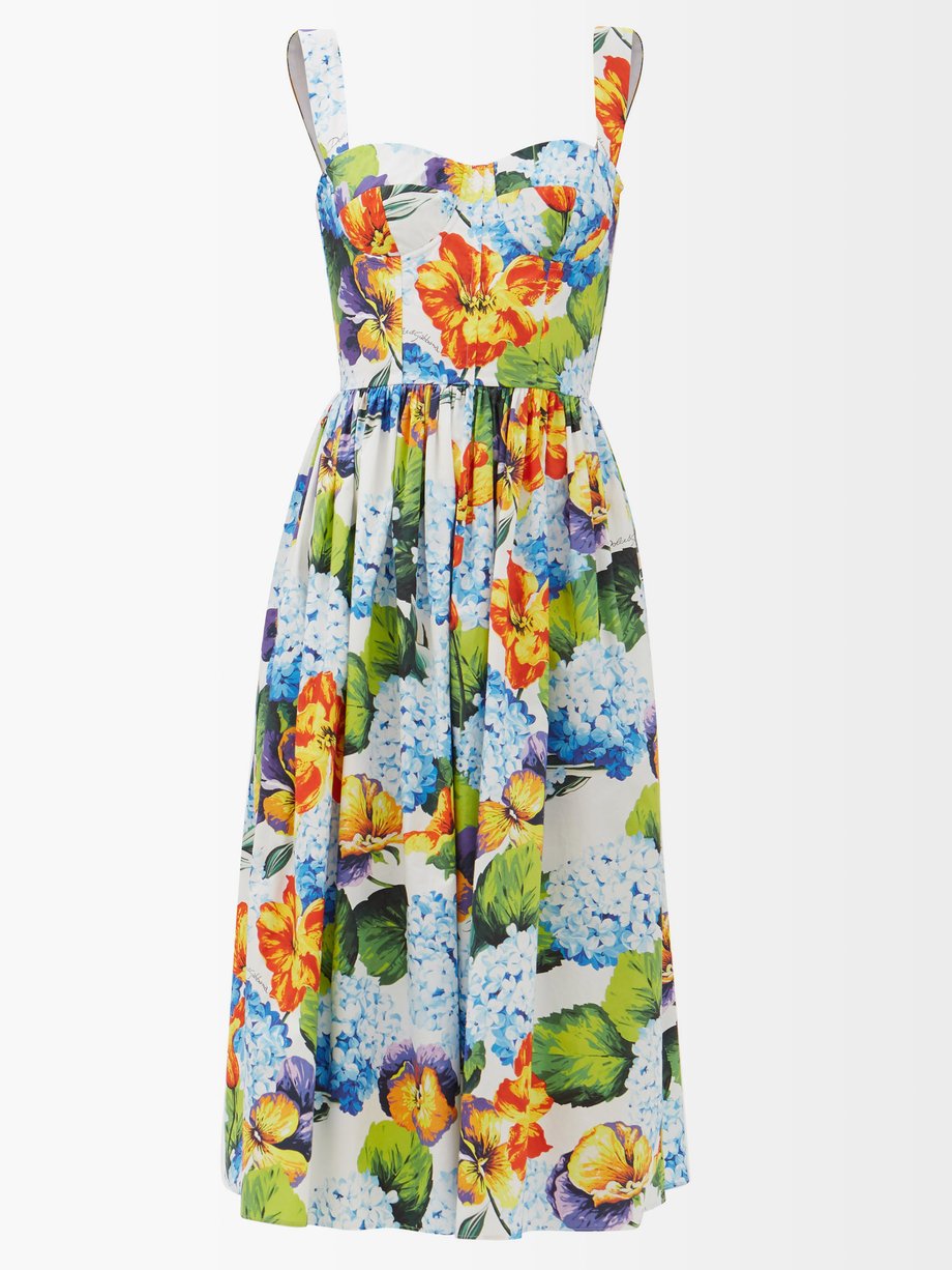 Blue Bustier-bodice floral-print poplin midi dress | Dolce & Gabbana |  MATCHESFASHION UK