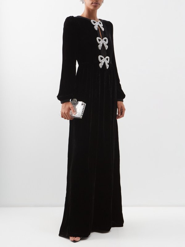 Black Camille crystal-bow velvet gown | Saloni | MATCHES UK