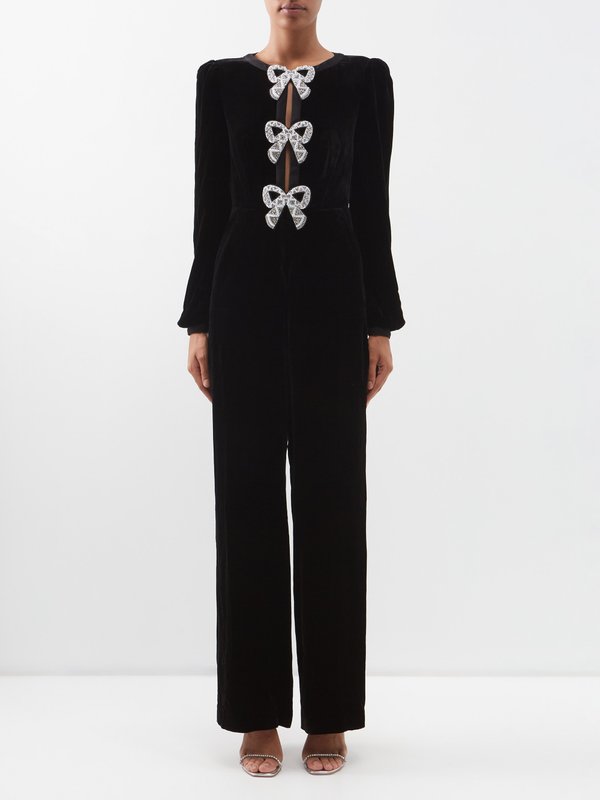 Black Camille crystal-bow velvet jumpsuit | Saloni | MATCHES UK