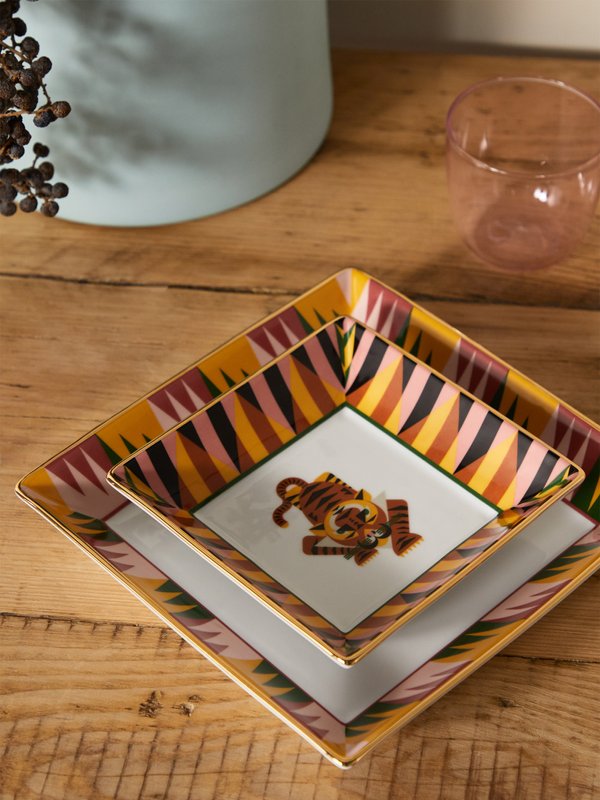 La DoubleJ Tiger-print gilded porcelain tray
