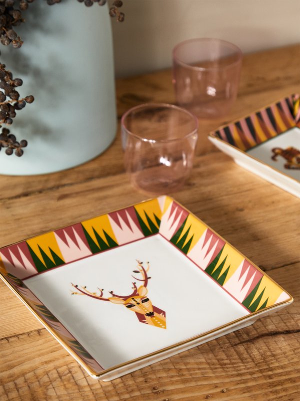 La DoubleJ Deer-print gilded porcelain tray