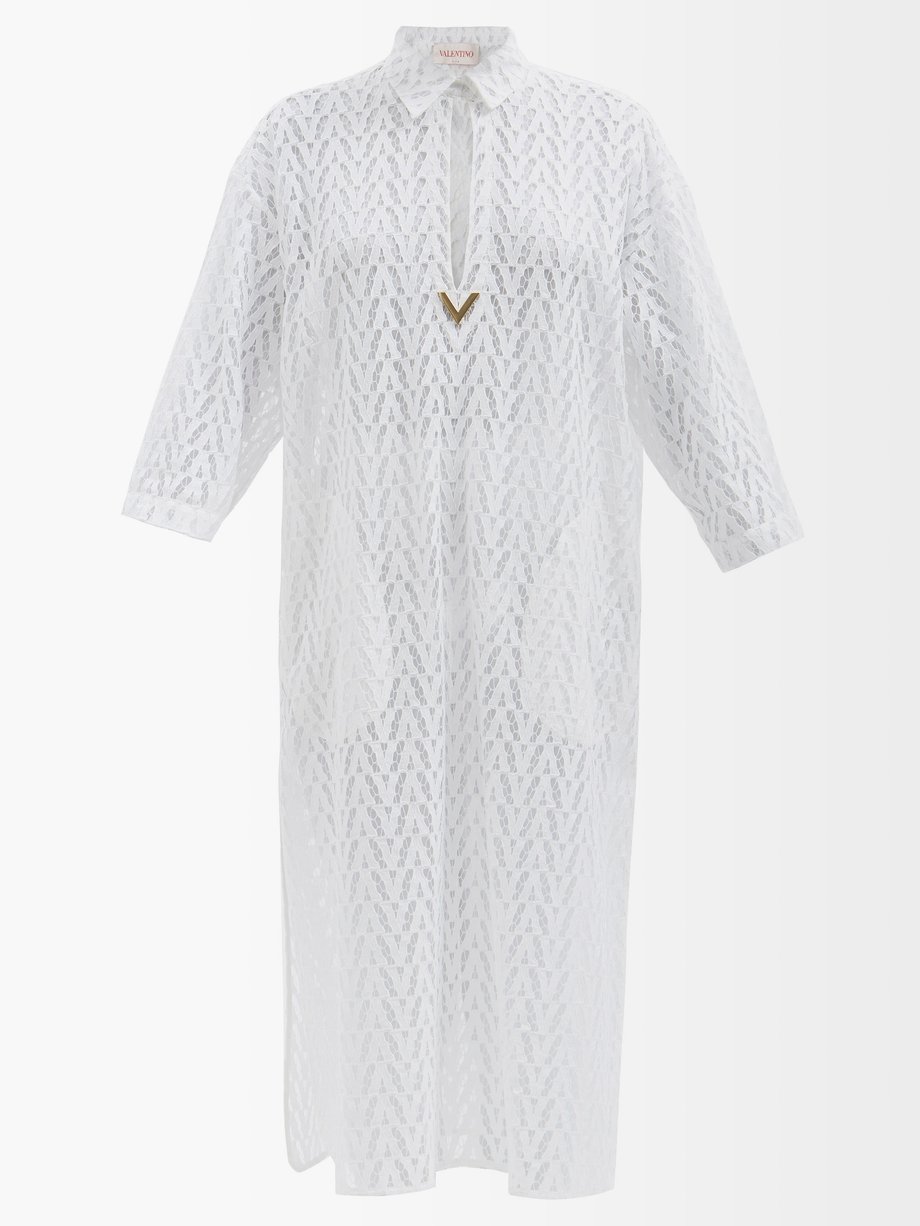 Valentino Garavani White Optical Valentino-lace long-sleeved dress ...