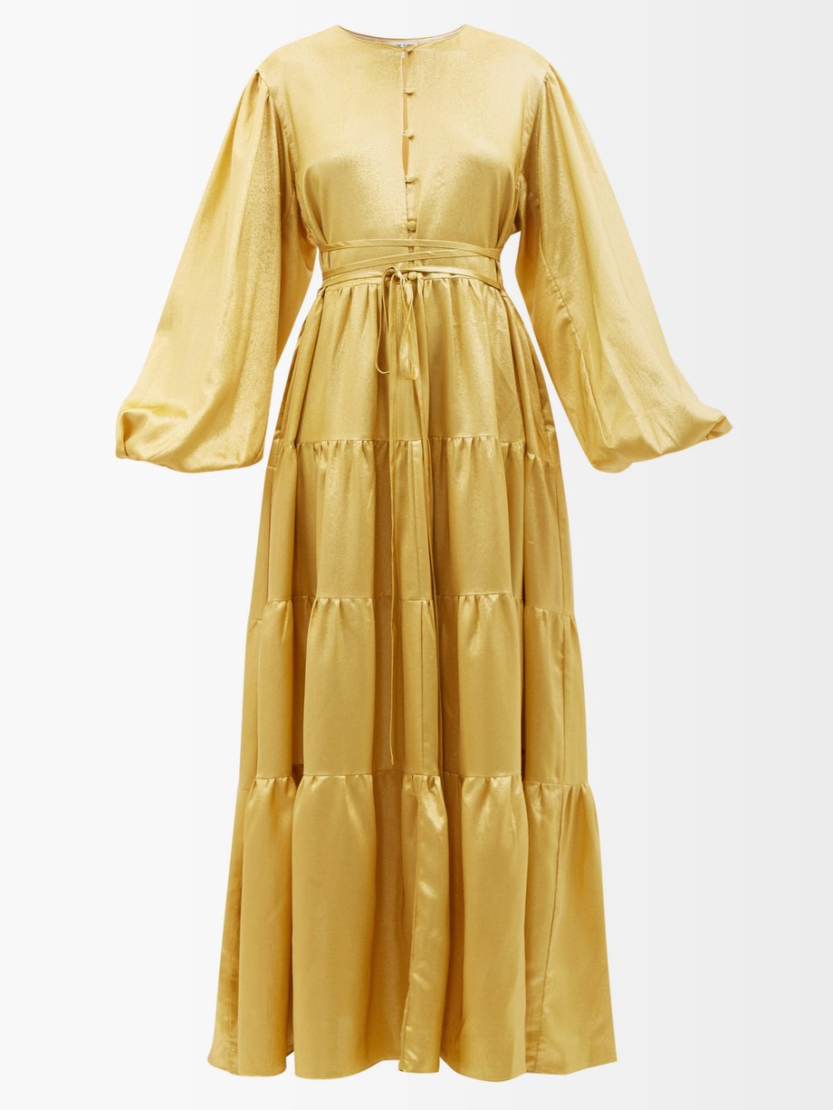 Gold Helena gathered silk-blend lamé maxi dress | FIL DE VIE ...