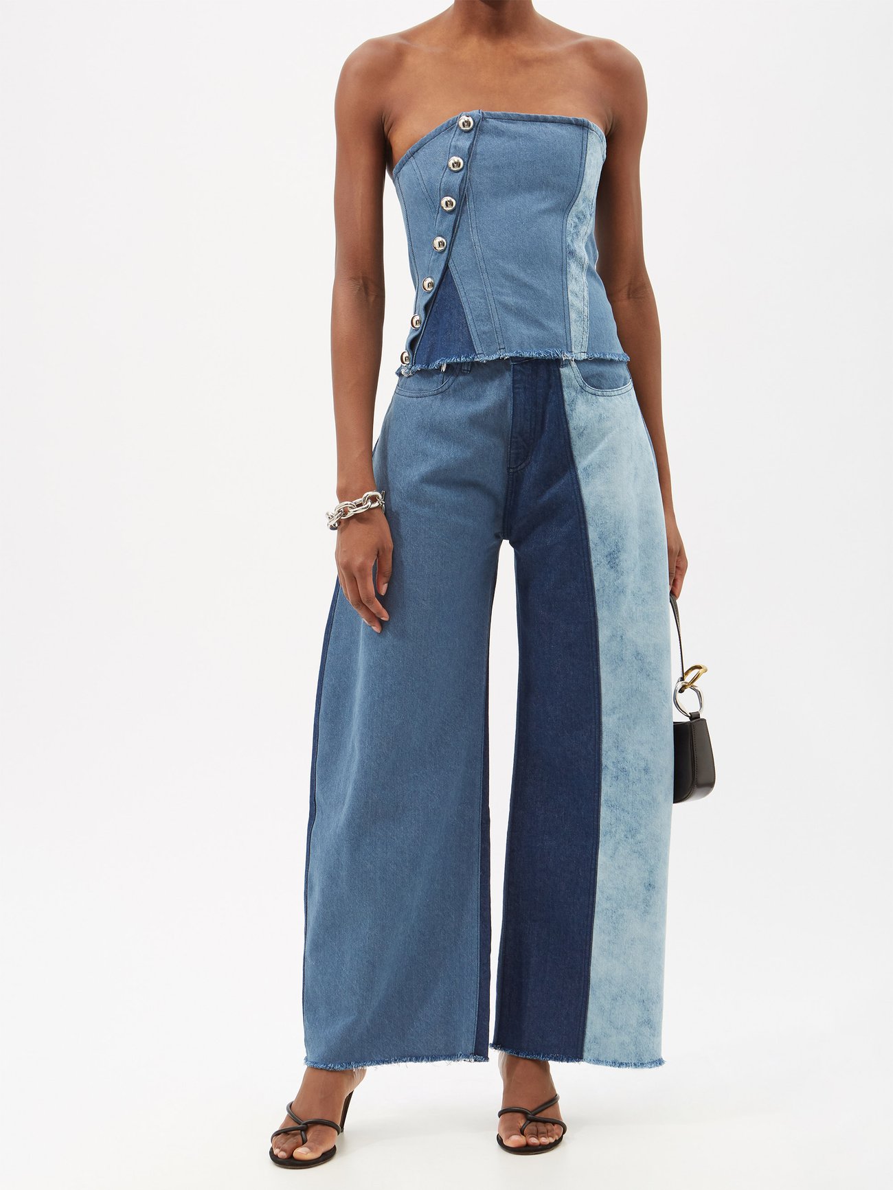 Blue Patchwork recycled-denim strapless top, Marques'Almeida