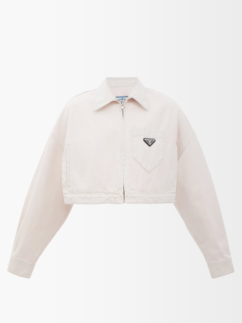 Pink Logo-plaque cropped denim jacket | Prada | MATCHESFASHION US