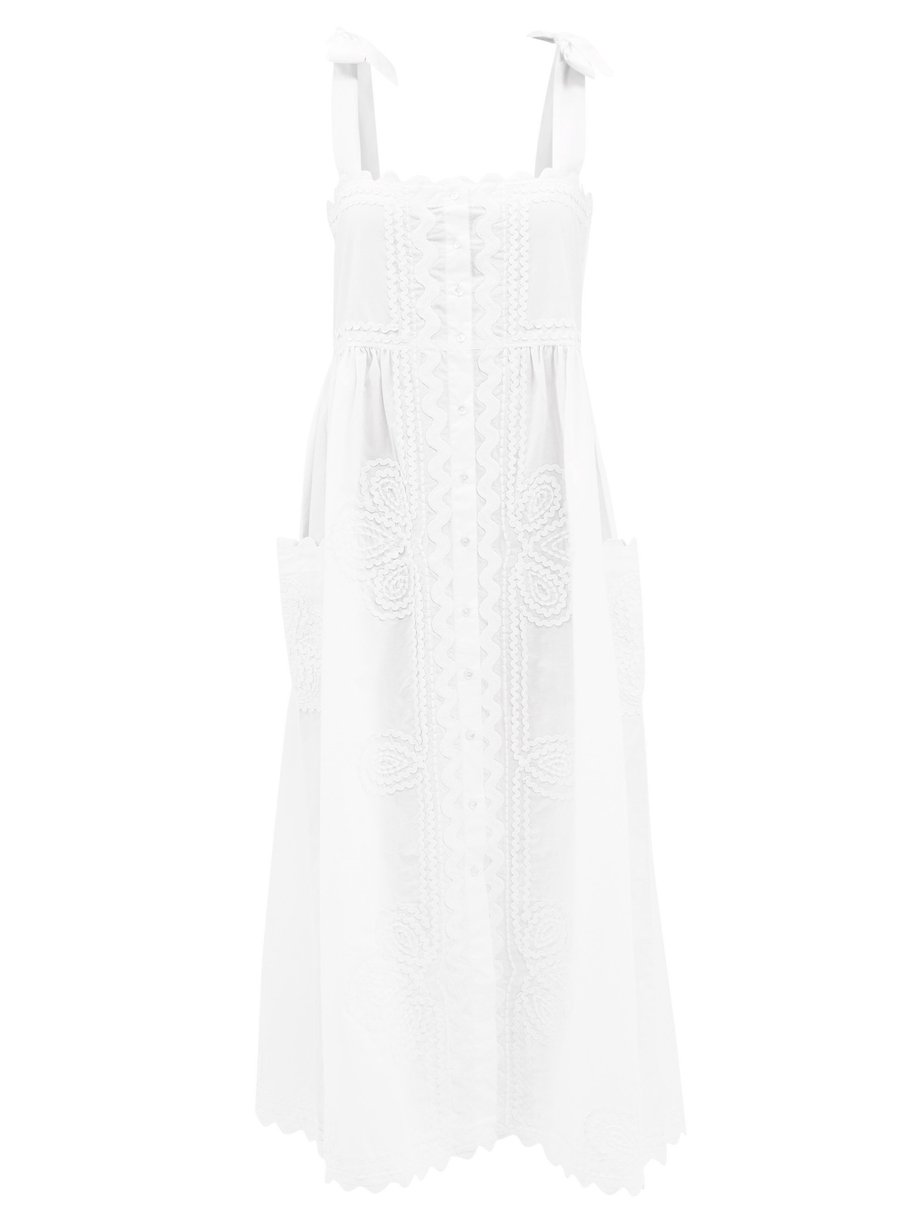 White Tie-shoulder rickrack-trimmed cotton midi dress | Juliet Dunn ...
