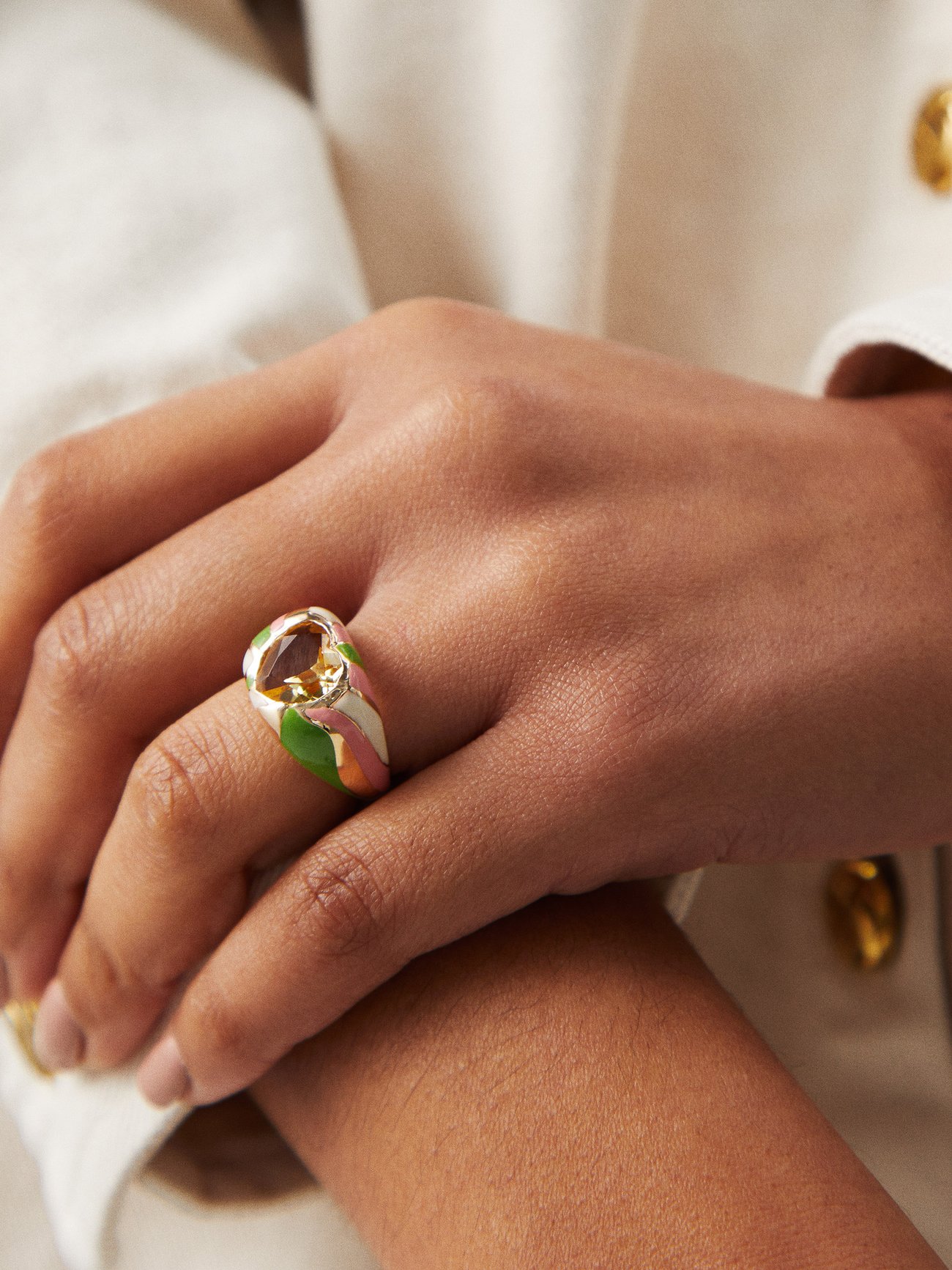 Gold Trippiest heart citrine, enamel & 14kt gold ring