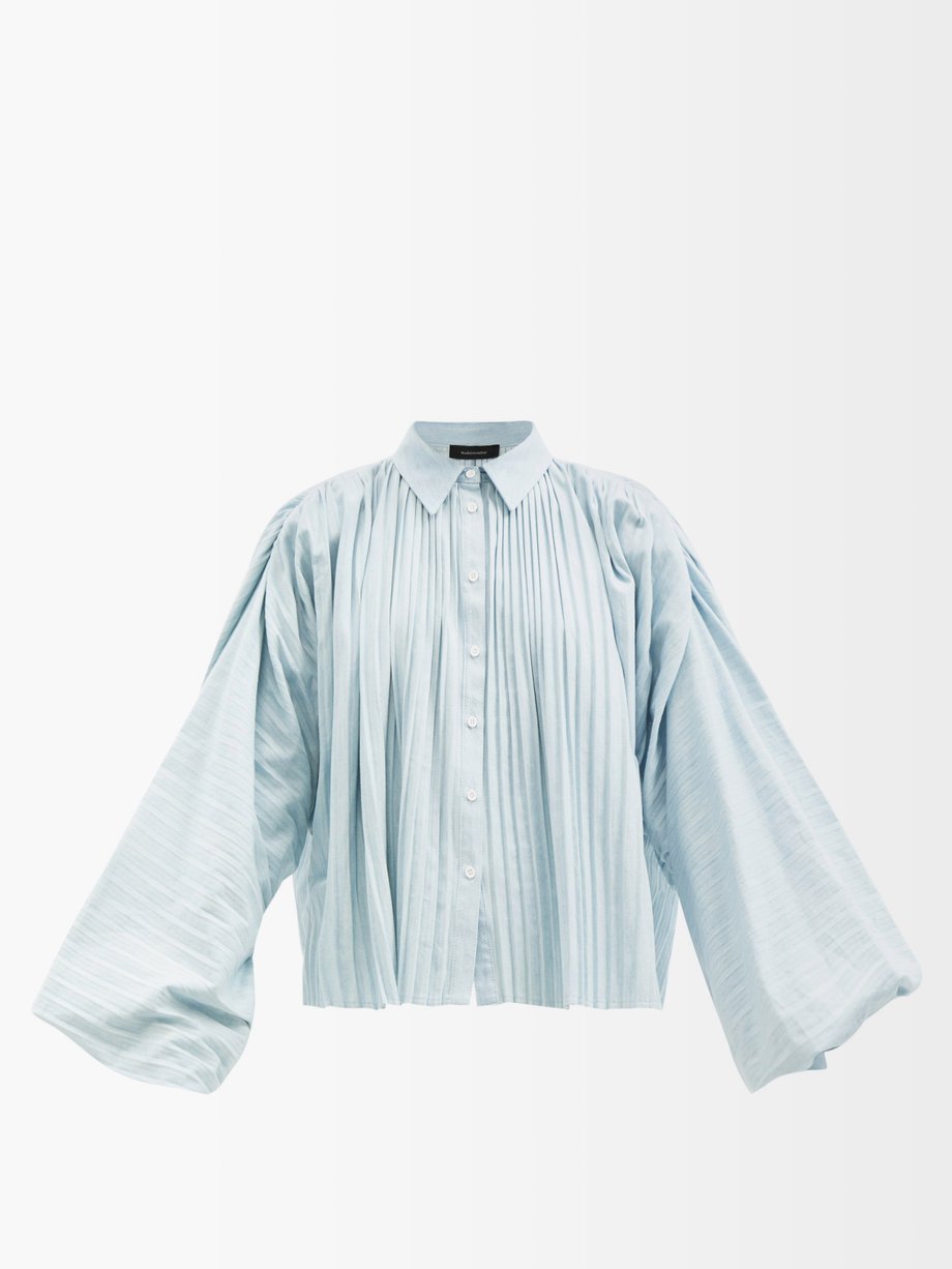 Blue Claire balloon-sleeve pleated cotton shirt | Made in Tomboy ...