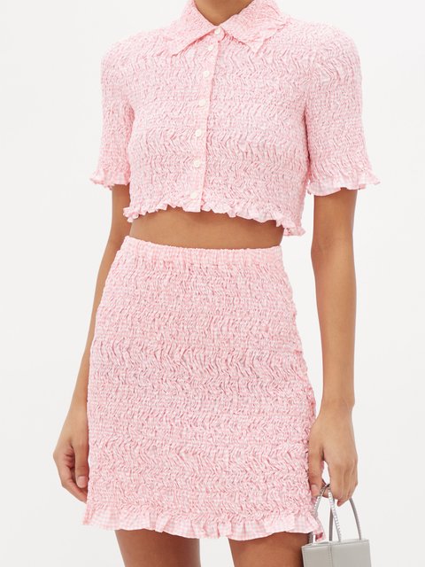 Pink Vichy frilled smocked-gingham shirt | Miu Miu | MATCHES UK