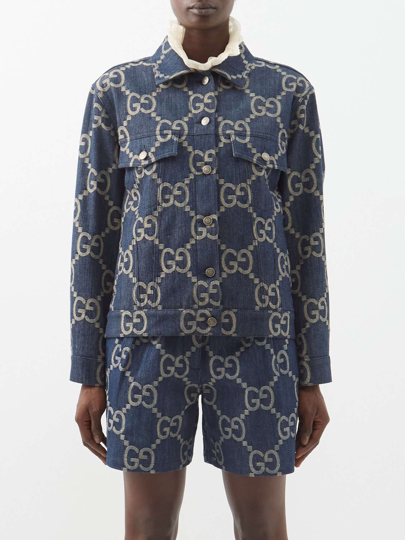 Gucci Monogram Scarf on Denim Jacket